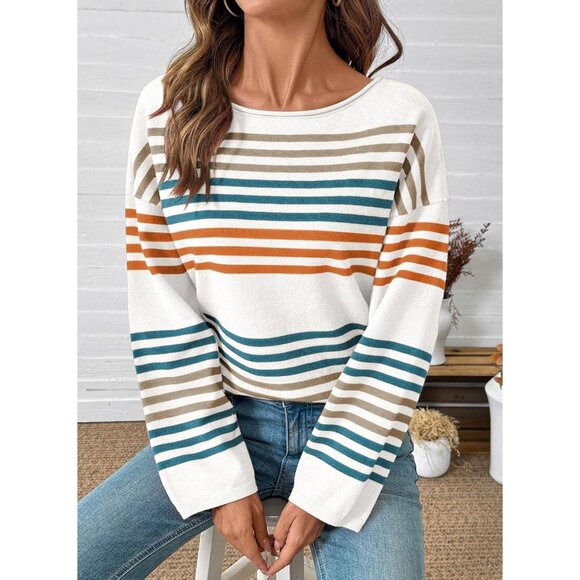 Womens Striped Casual Sweater Knit Pullover Fall Cozy Oversized Top Small - Picture 4 of 5
